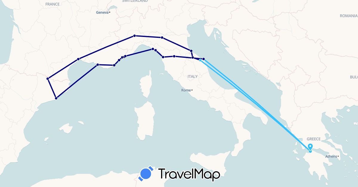 TravelMap itinerary: driving, boat in Andorra, Spain, France, Greece, Italy, Monaco (Europe)