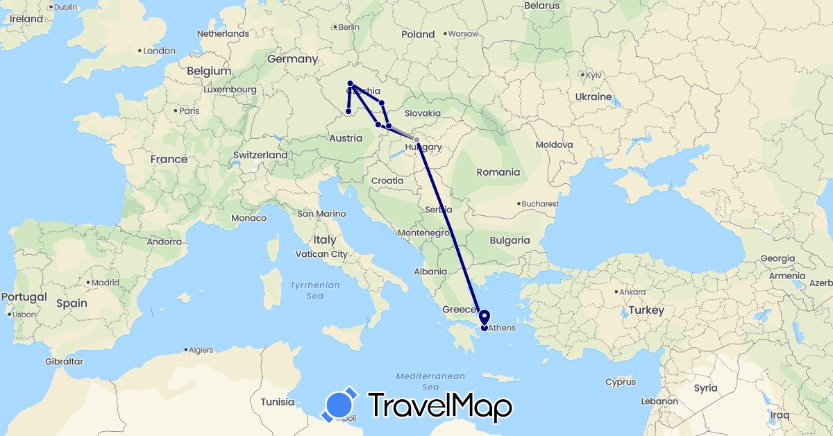 TravelMap itinerary: driving, plane in Austria, Czech Republic, Greece, Hungary, Slovakia (Europe)