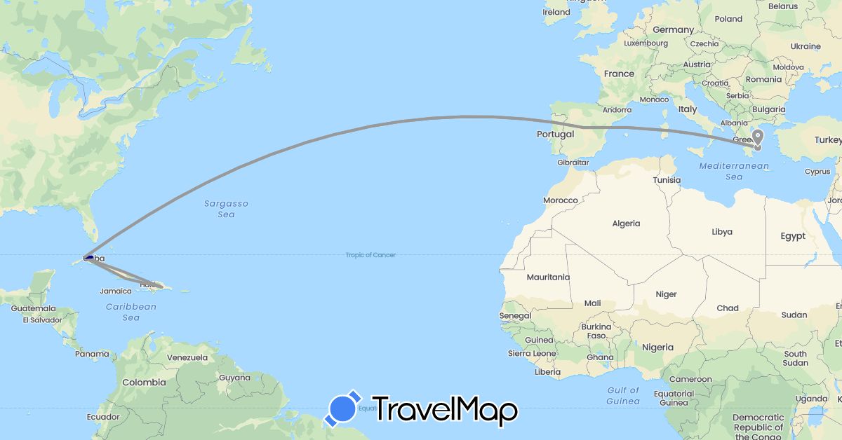 TravelMap itinerary: driving, plane in Cuba, Dominican Republic, Spain, Greece (Europe, North America)